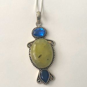Beautiful moss agate and blue tanzanite pendant on chain